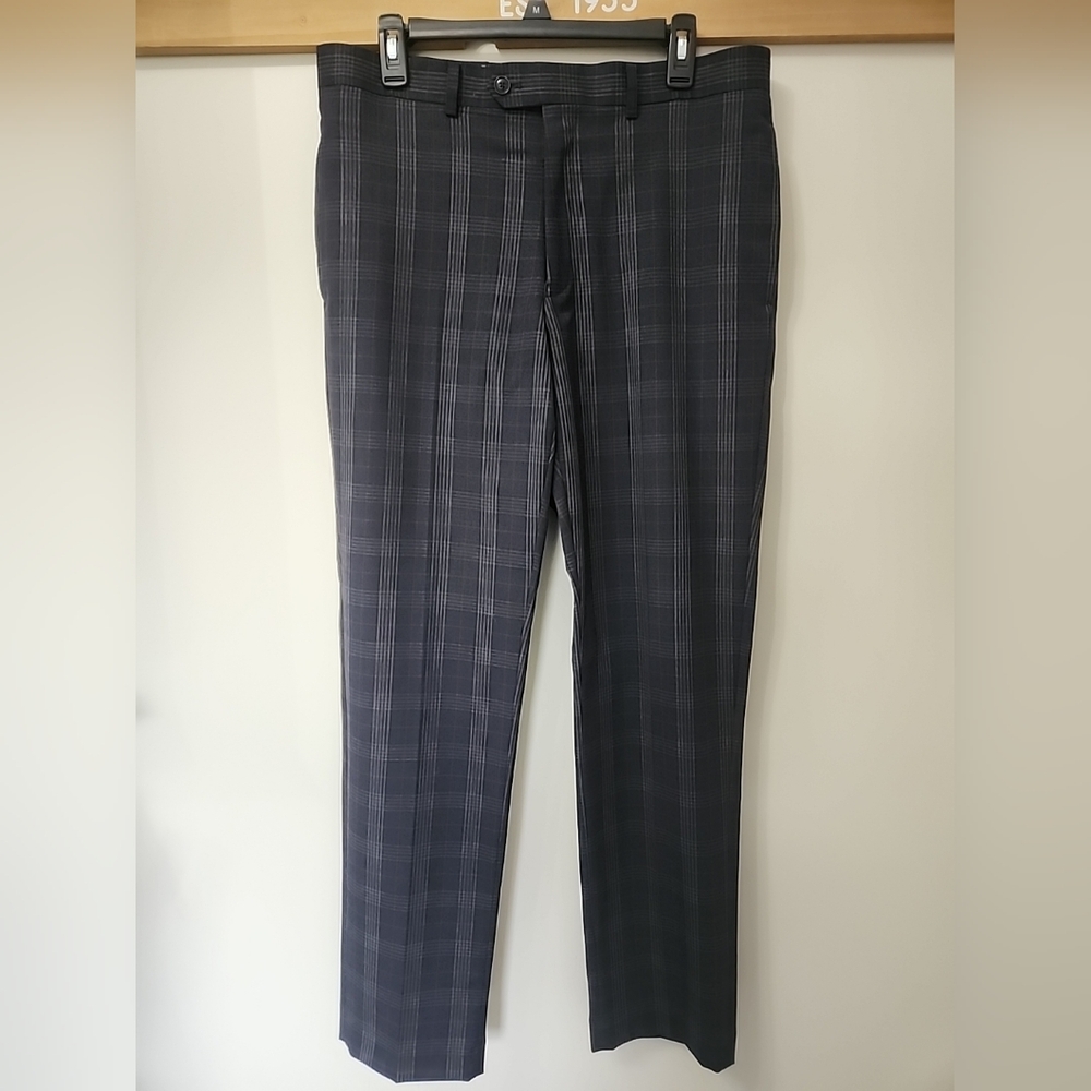 Tallia Mens Suit Pants 34x32 Navy Gray Burgundy Plaid Slim Fit Flat Front